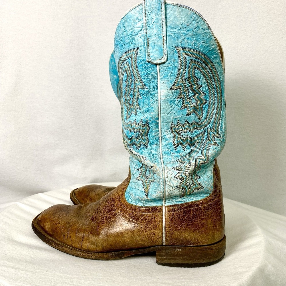 Anderson Bean Size 10.5 E Cowboy Boots Square Toe Blue Brown USA Western Rodeo